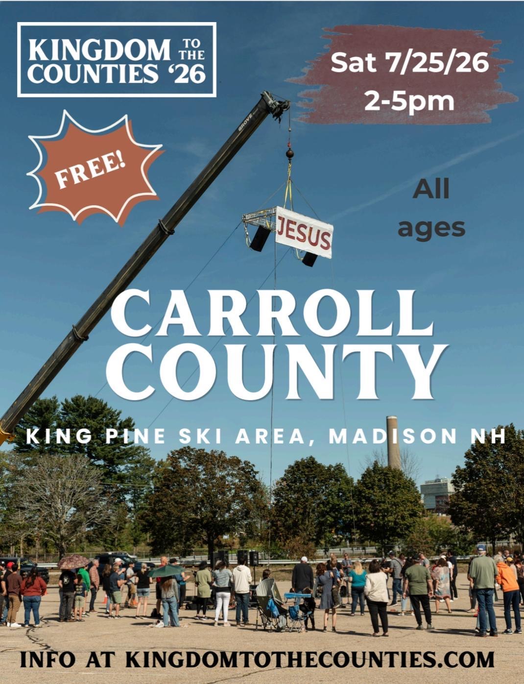 Carroll County event flyer — Sat 7/25/26, 2-5pm, King Pine Ski Area, Madison NH