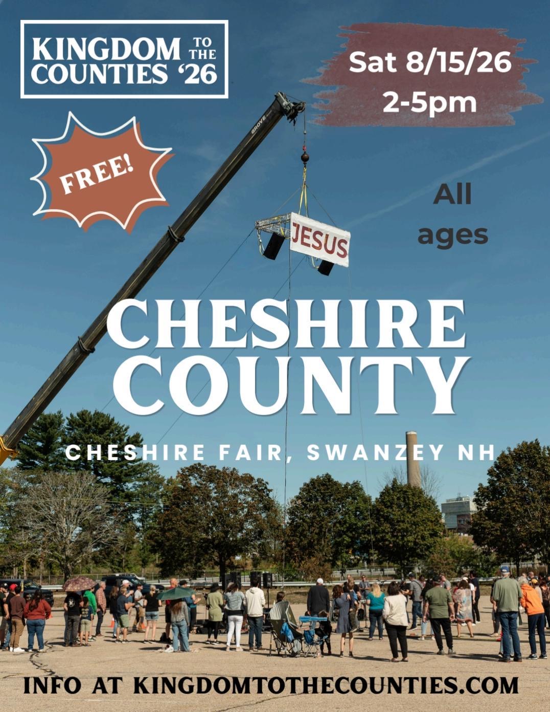 Cheshire County event flyer — Sat 8/15/26, 2-5pm, Cheshire Fair, Swanzey NH