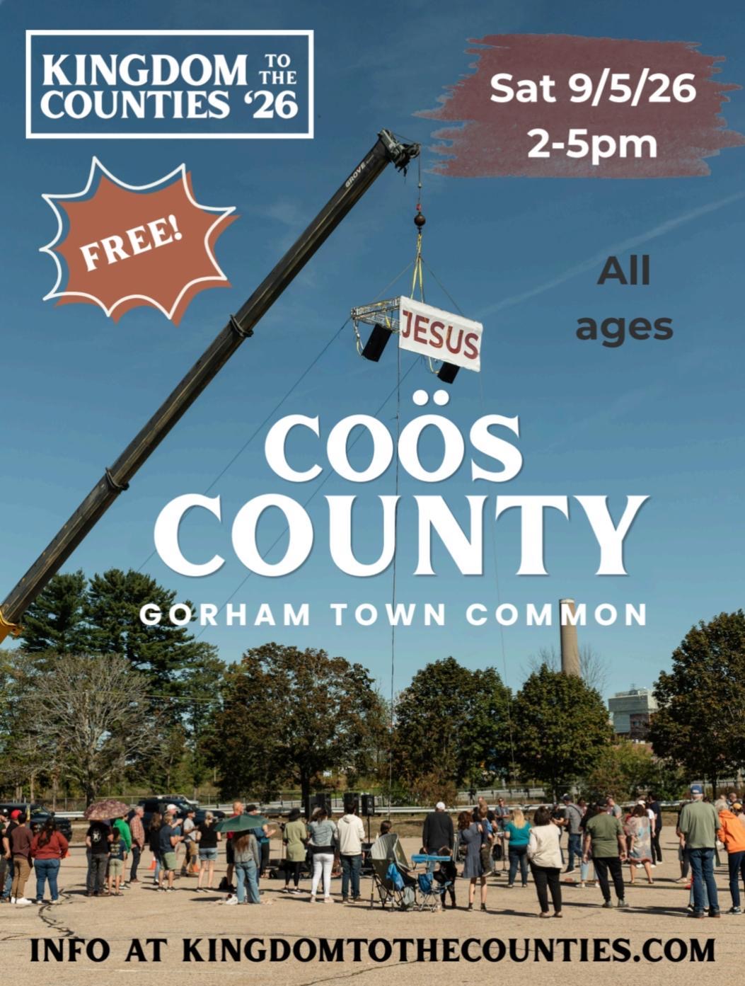 Coös County event flyer — Sat 9/5/26, 2-5pm, Gorham Town Common