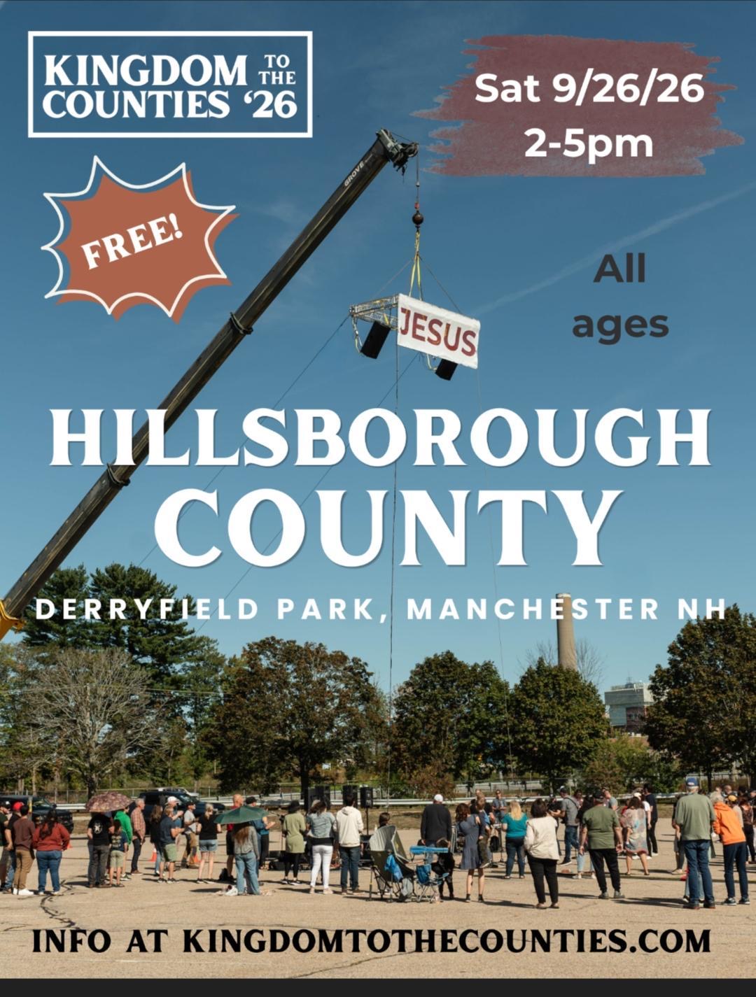 Hillsborough County event flyer — Sat 9/26/26, 2-5pm, Derryfield Park, Manchester NH