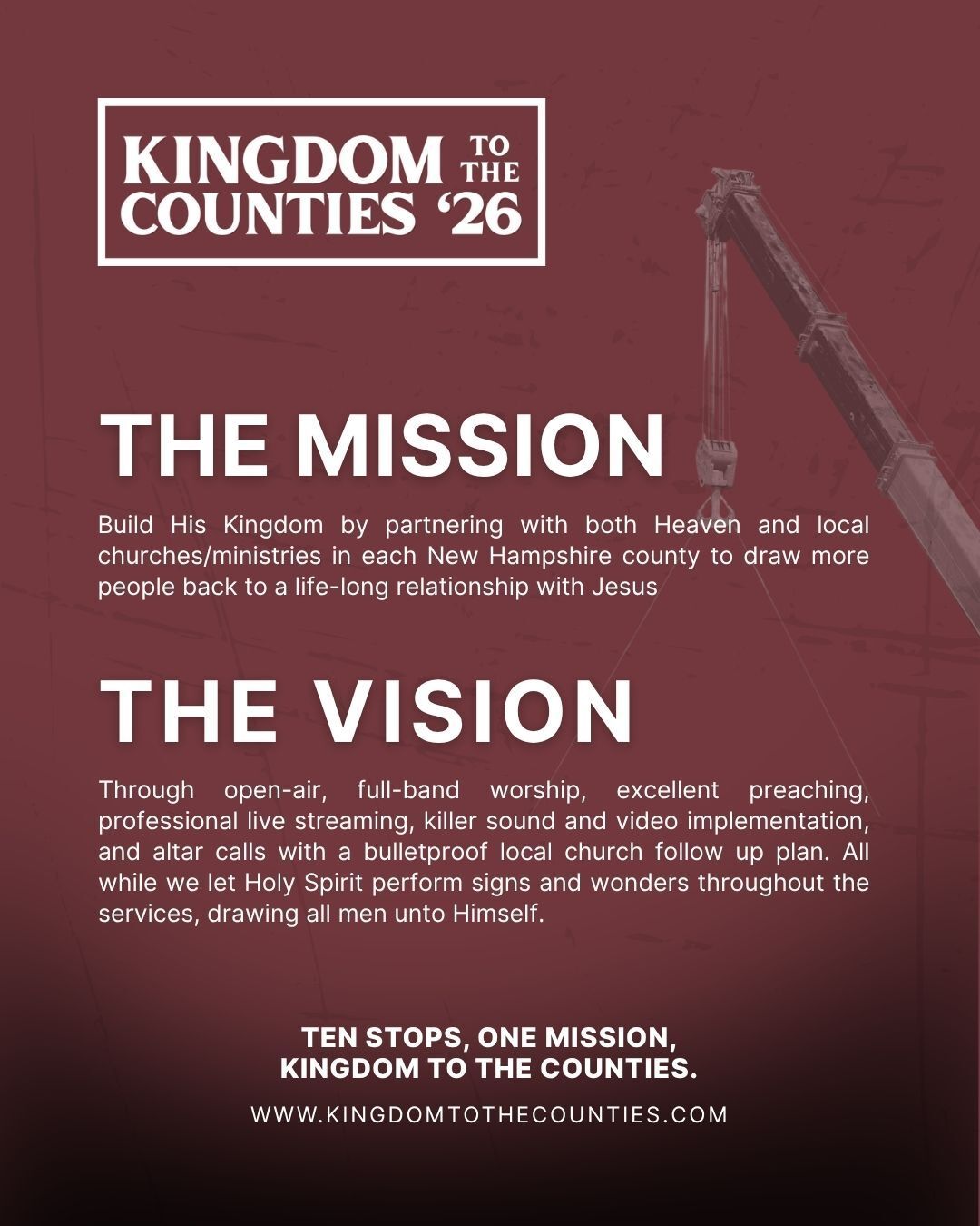 Kingdom to the Counties ’26 mission and vision graphic — build His Kingdom by partnering with Heaven and local churches in every New Hampshire county, through open-air worship, preaching, live streaming and altar calls with local church follow-up
